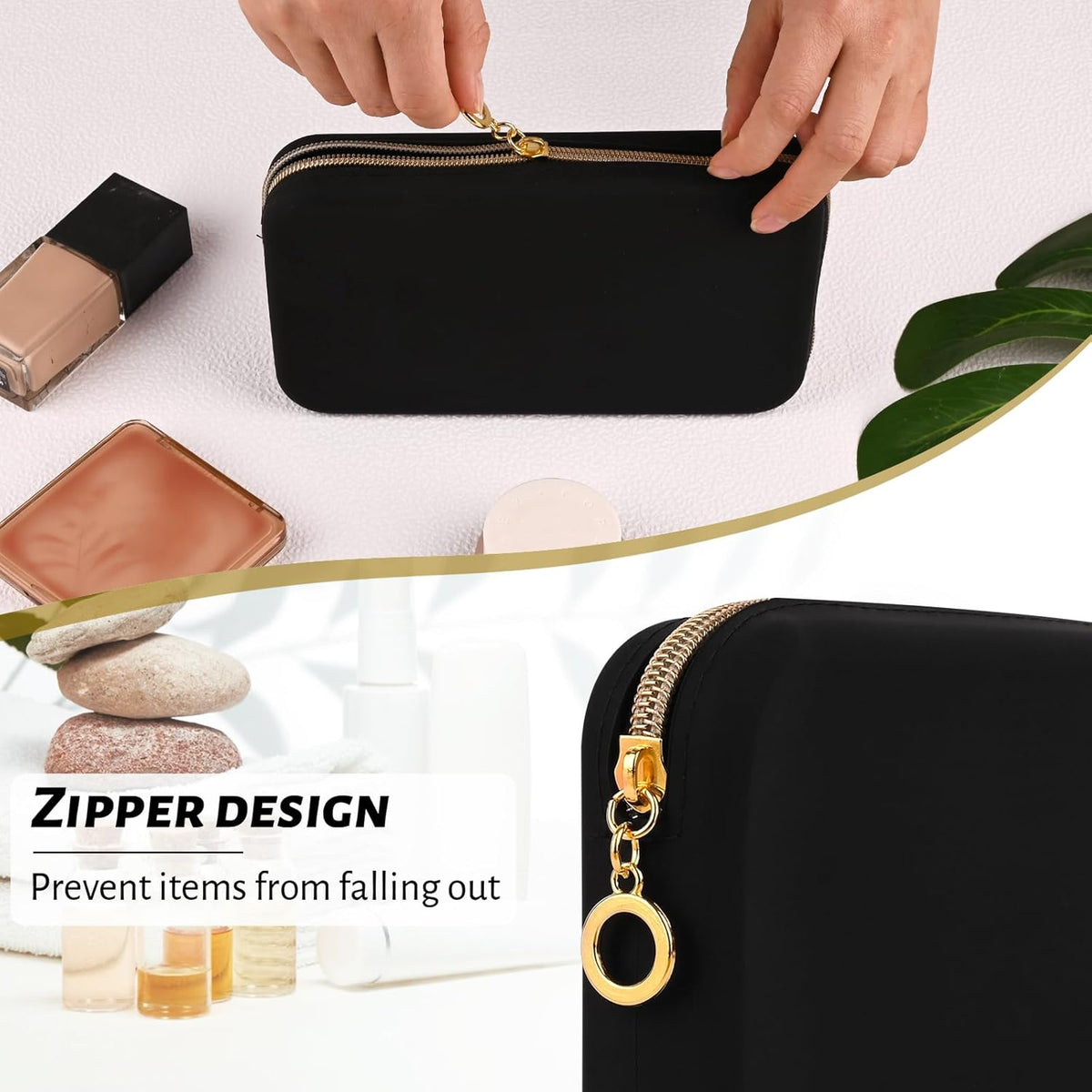 Travel Makeup Brush Holder, Silicone Makeup Brush Bag with Zipper Closure, Makeup Brushes Organizer Case Washable Makeup Pouch Holder Case for Daily, Work, Essentials（Black）