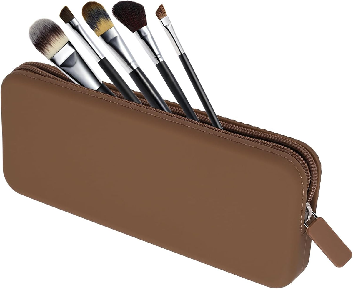 Travel Makeup Brush Holder, Silicone Makeup Brush Bag with Zipper Closure, Makeup Brushes Organizer Case Washable Makeup Pouch Holder Case for Daily, Work, Essentials（Black）