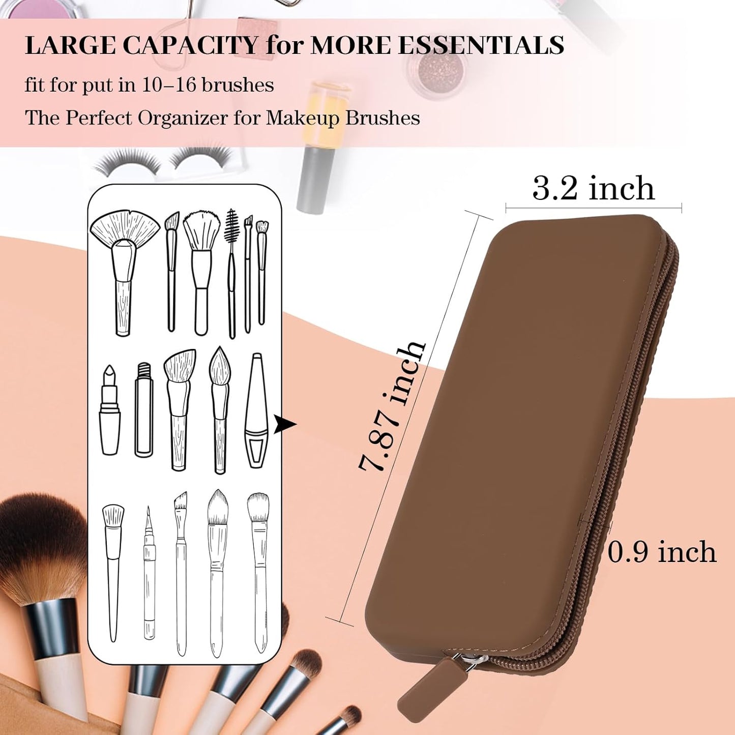 Travel Makeup Brush Holder, Silicone Makeup Brush Bag with Zipper Closure, Makeup Brushes Organizer Case Washable Makeup Pouch Holder Case for Daily, Work, Essentials（Black）