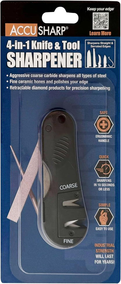 AccuSharp 4-in-1 Knife & Tool Sharpener, Coarse Tungsten Carbide Sharpening Blade & Ceramic Rod with Retractable Diamond-Tapered Rod for Knives, Fish Hooks & Tools, Orange