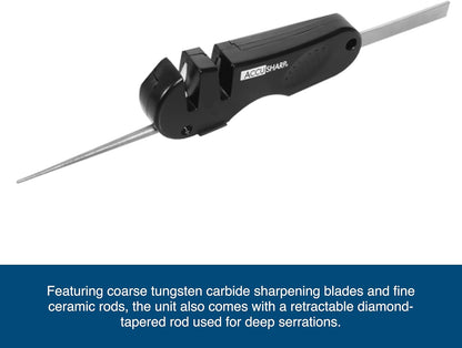 AccuSharp 4-in-1 Knife & Tool Sharpener, Coarse Tungsten Carbide Sharpening Blade & Ceramic Rod with Retractable Diamond-Tapered Rod for Knives, Fish Hooks & Tools, Orange