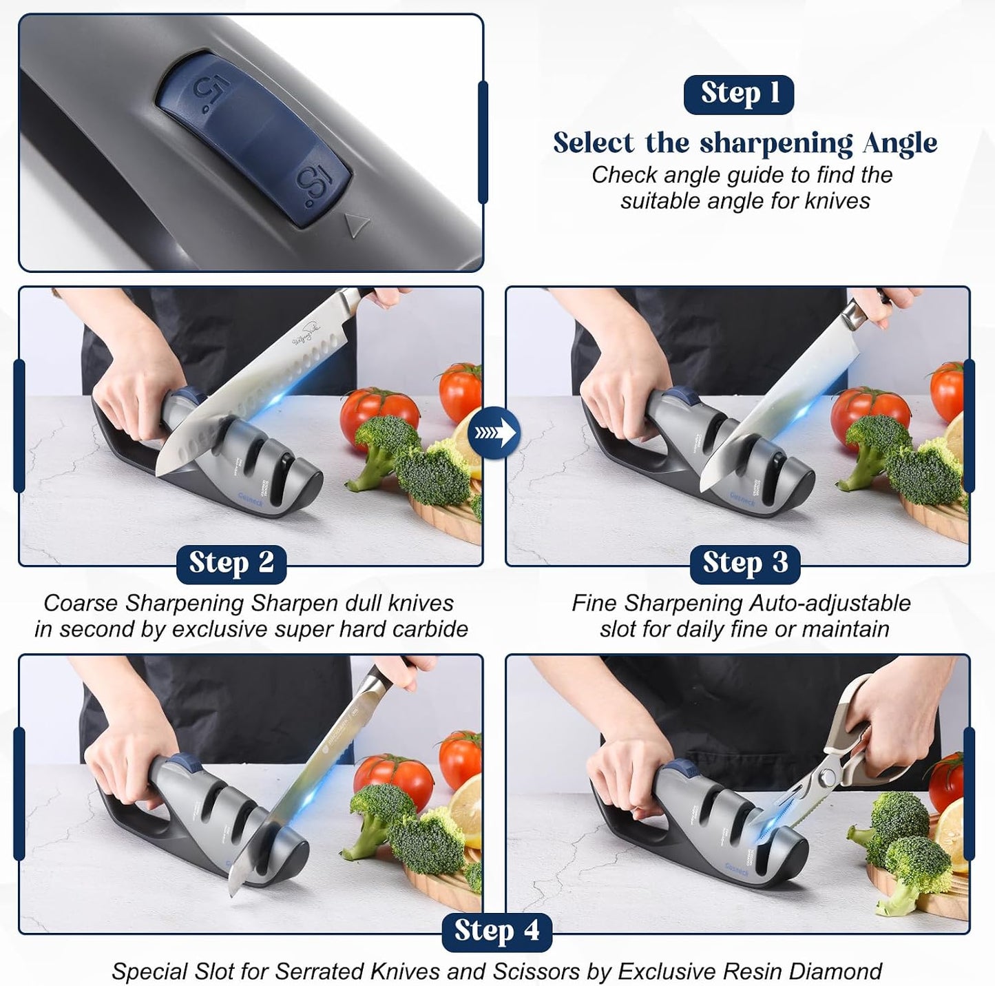 5-Angle Adjustable Knife Sharpener,Handheld Pocket Knife Sharpener, Suitable for all knives including kitchen knives, scissors, outdoor knives.