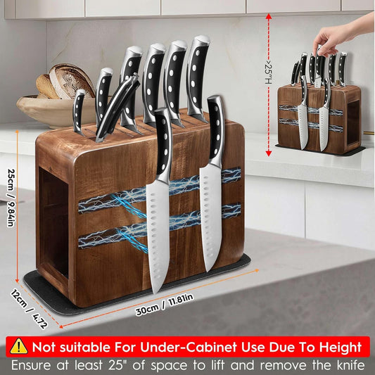 Magnetic Knife Block Holder with Enhanced Magnets,Storage Up to 26 knives,Double Side Magnetic Knife Storage Stand without Knives,Acacia Wood Universal Kitchen Knife Holder with Absorbent Mat