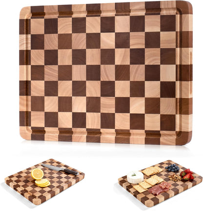 Checkered Cutting Board for Kitchen– Wood Checkerboard End Grain Chopping Board 1" Thick Butcher Block with Juice Groove & Handle, Reversible for Cooking and Serving (Rectangular)