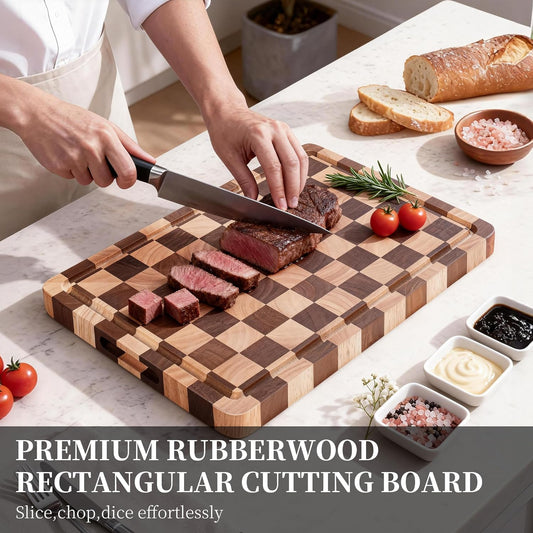 Checkered Cutting Board for Kitchen– Wood Checkerboard End Grain Chopping Board 1" Thick Butcher Block with Juice Groove & Handle, Reversible for Cooking and Serving (Rectangular)