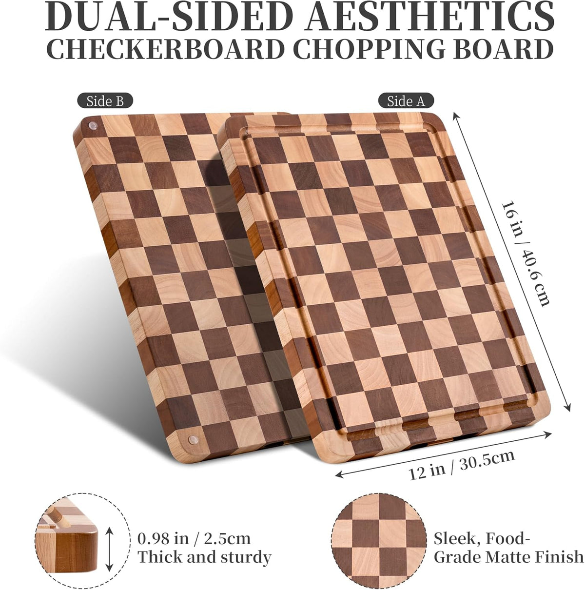 Checkered Cutting Board for Kitchen– Wood Checkerboard End Grain Chopping Board 1" Thick Butcher Block with Juice Groove & Handle, Reversible for Cooking and Serving (Rectangular)