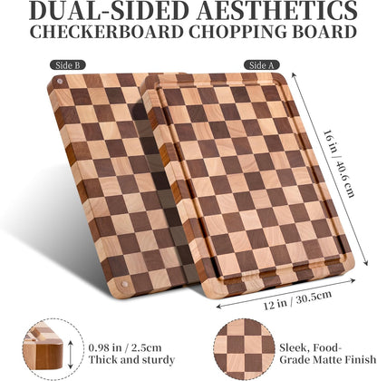Checkered Cutting Board for Kitchen– Wood Checkerboard End Grain Chopping Board 1" Thick Butcher Block with Juice Groove & Handle, Reversible for Cooking and Serving (Rectangular)