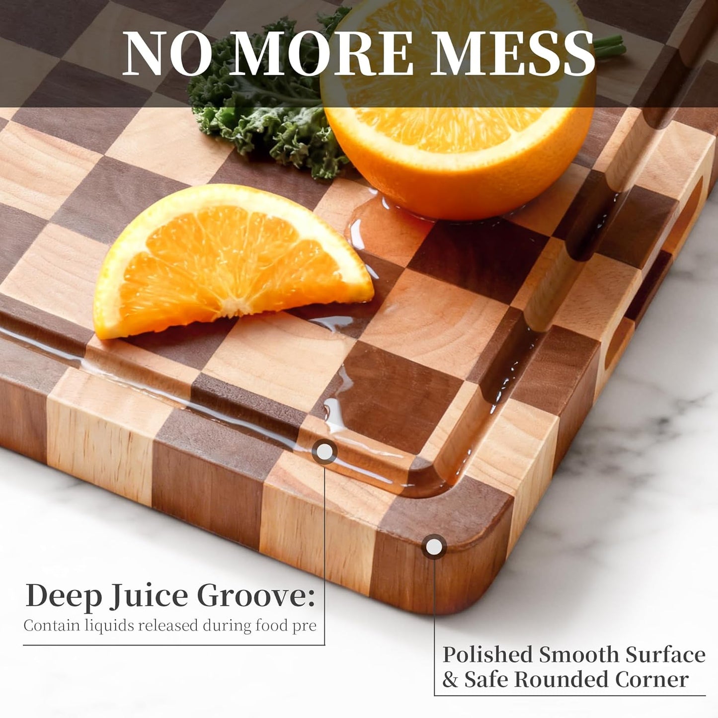 Checkered Cutting Board for Kitchen– Wood Checkerboard End Grain Chopping Board 1" Thick Butcher Block with Juice Groove & Handle, Reversible for Cooking and Serving (Rectangular)