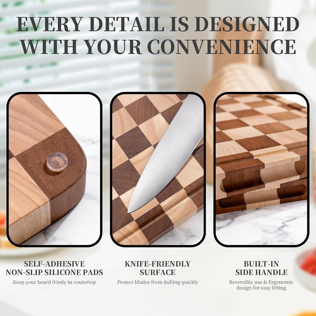 Checkered Cutting Board for Kitchen– Wood Checkerboard End Grain Chopping Board 1" Thick Butcher Block with Juice Groove & Handle, Reversible for Cooking and Serving (Rectangular)