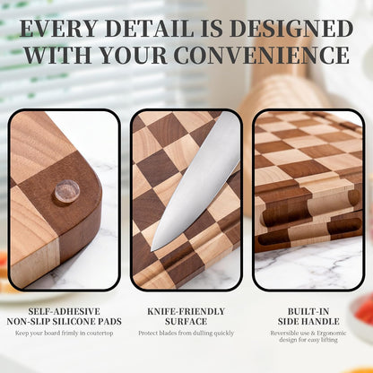 Checkered Cutting Board for Kitchen– Wood Checkerboard End Grain Chopping Board 1" Thick Butcher Block with Juice Groove & Handle, Reversible for Cooking and Serving (Rectangular)