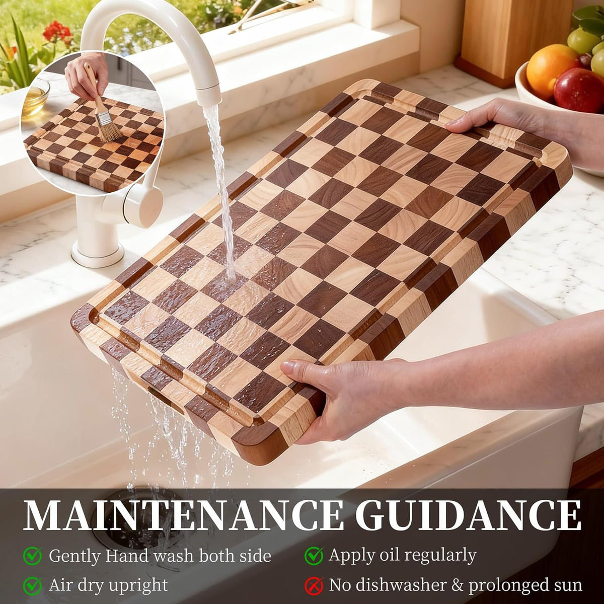 Checkered Cutting Board for Kitchen– Wood Checkerboard End Grain Chopping Board 1" Thick Butcher Block with Juice Groove & Handle, Reversible for Cooking and Serving (Rectangular)