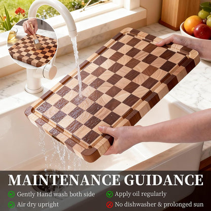 Checkered Cutting Board for Kitchen– Wood Checkerboard End Grain Chopping Board 1" Thick Butcher Block with Juice Groove & Handle, Reversible for Cooking and Serving (Rectangular)