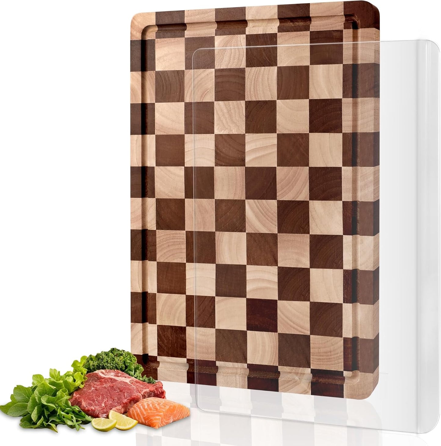 Checkered Cutting Board for Kitchen– Wood Checkerboard End Grain Chopping Board 1" Thick Butcher Block with Juice Groove & Handle, Reversible for Cooking and Serving (Rectangular)