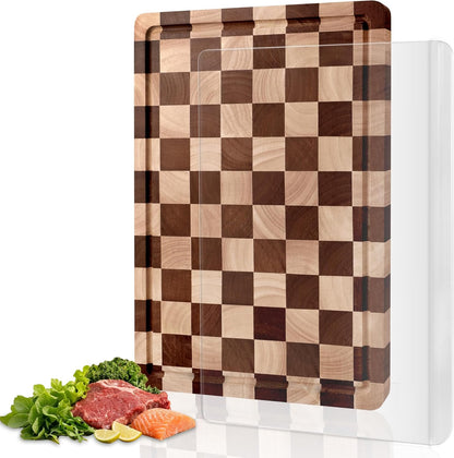 Checkered Cutting Board for Kitchen– Wood Checkerboard End Grain Chopping Board 1" Thick Butcher Block with Juice Groove & Handle, Reversible for Cooking and Serving (Rectangular)