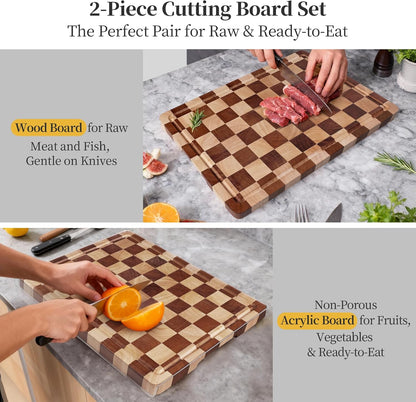 Checkered Cutting Board for Kitchen– Wood Checkerboard End Grain Chopping Board 1" Thick Butcher Block with Juice Groove & Handle, Reversible for Cooking and Serving (Rectangular)