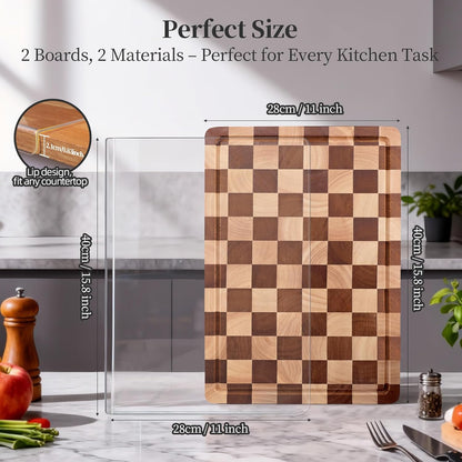 Checkered Cutting Board for Kitchen– Wood Checkerboard End Grain Chopping Board 1" Thick Butcher Block with Juice Groove & Handle, Reversible for Cooking and Serving (Rectangular)