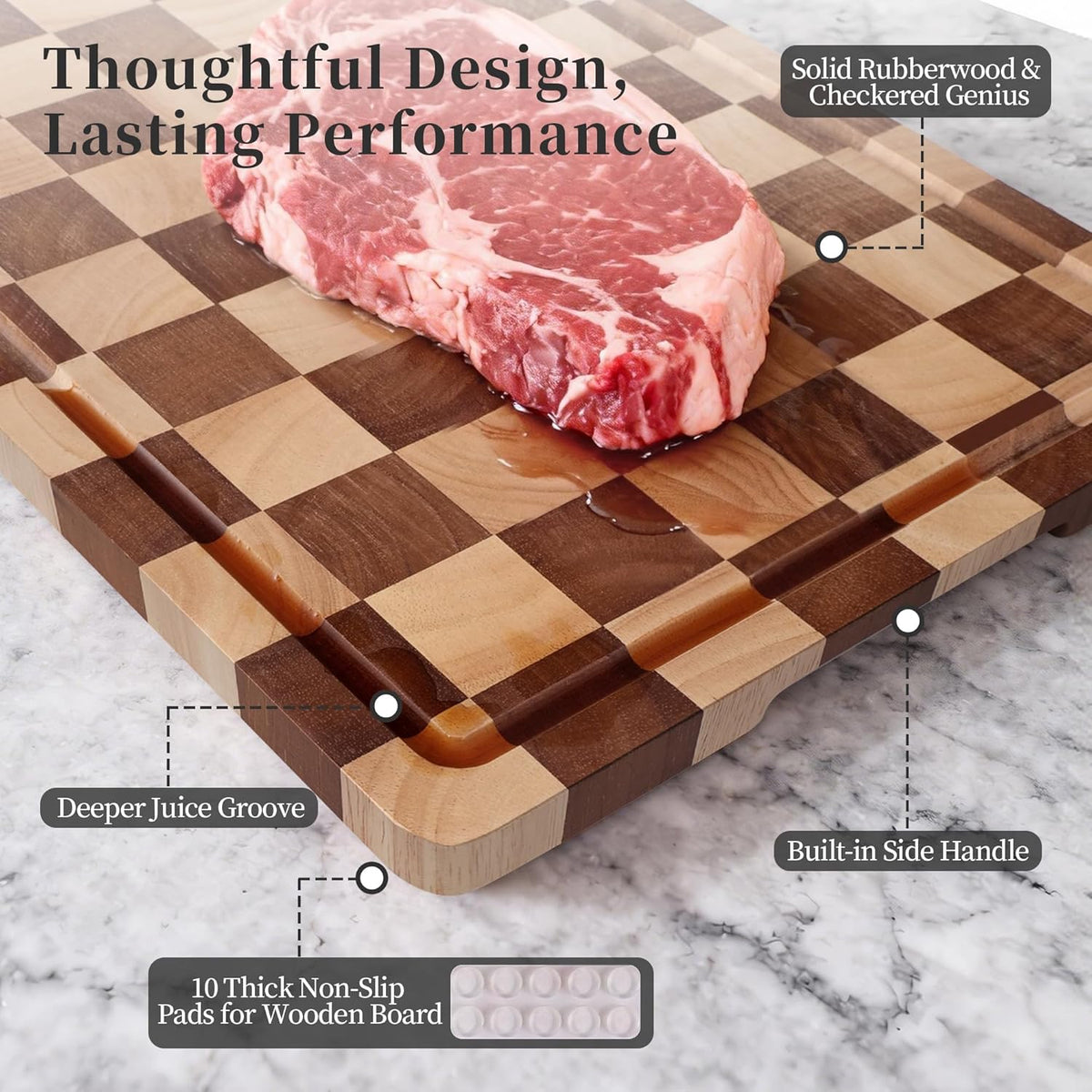 Checkered Cutting Board for Kitchen– Wood Checkerboard End Grain Chopping Board 1" Thick Butcher Block with Juice Groove & Handle, Reversible for Cooking and Serving (Rectangular)