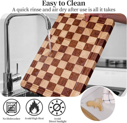 Checkered Cutting Board for Kitchen– Wood Checkerboard End Grain Chopping Board 1" Thick Butcher Block with Juice Groove & Handle, Reversible for Cooking and Serving (Rectangular)
