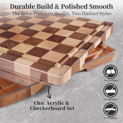 Checkered Cutting Board for Kitchen– Wood Checkerboard End Grain Chopping Board 1" Thick Butcher Block with Juice Groove & Handle, Reversible for Cooking and Serving (Rectangular)