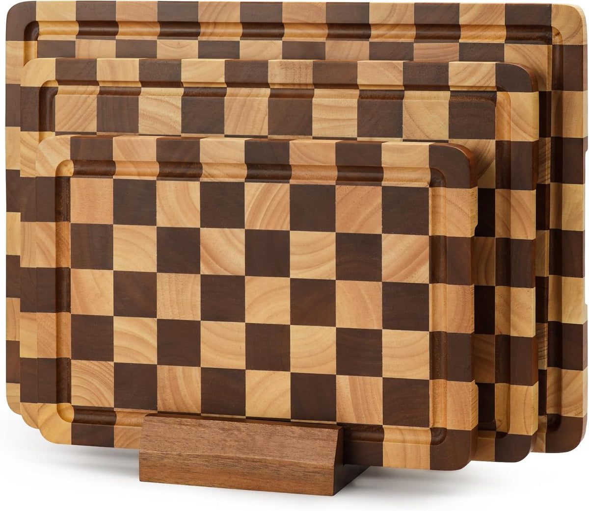 Checkered Cutting Board for Kitchen– Wood Checkerboard End Grain Chopping Board 1" Thick Butcher Block with Juice Groove & Handle, Reversible for Cooking and Serving (Rectangular)