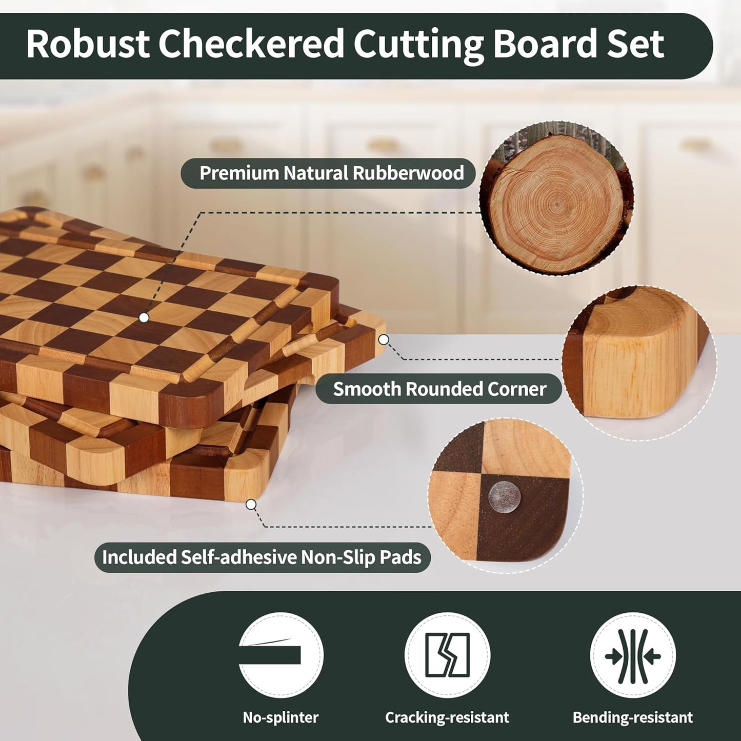 Checkered Cutting Board for Kitchen– Wood Checkerboard End Grain Chopping Board 1" Thick Butcher Block with Juice Groove & Handle, Reversible for Cooking and Serving (Rectangular)
