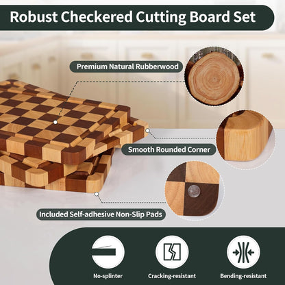 Checkered Cutting Board for Kitchen– Wood Checkerboard End Grain Chopping Board 1" Thick Butcher Block with Juice Groove & Handle, Reversible for Cooking and Serving (Rectangular)