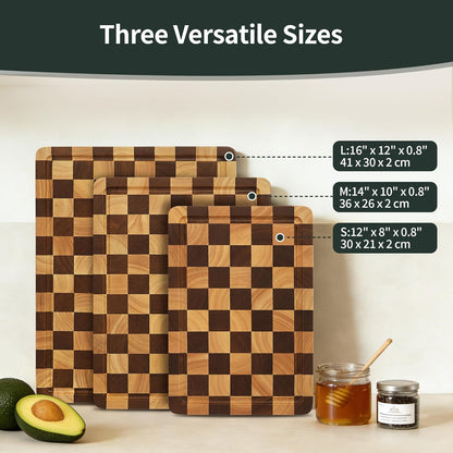 Checkered Cutting Board for Kitchen– Wood Checkerboard End Grain Chopping Board 1" Thick Butcher Block with Juice Groove & Handle, Reversible for Cooking and Serving (Rectangular)