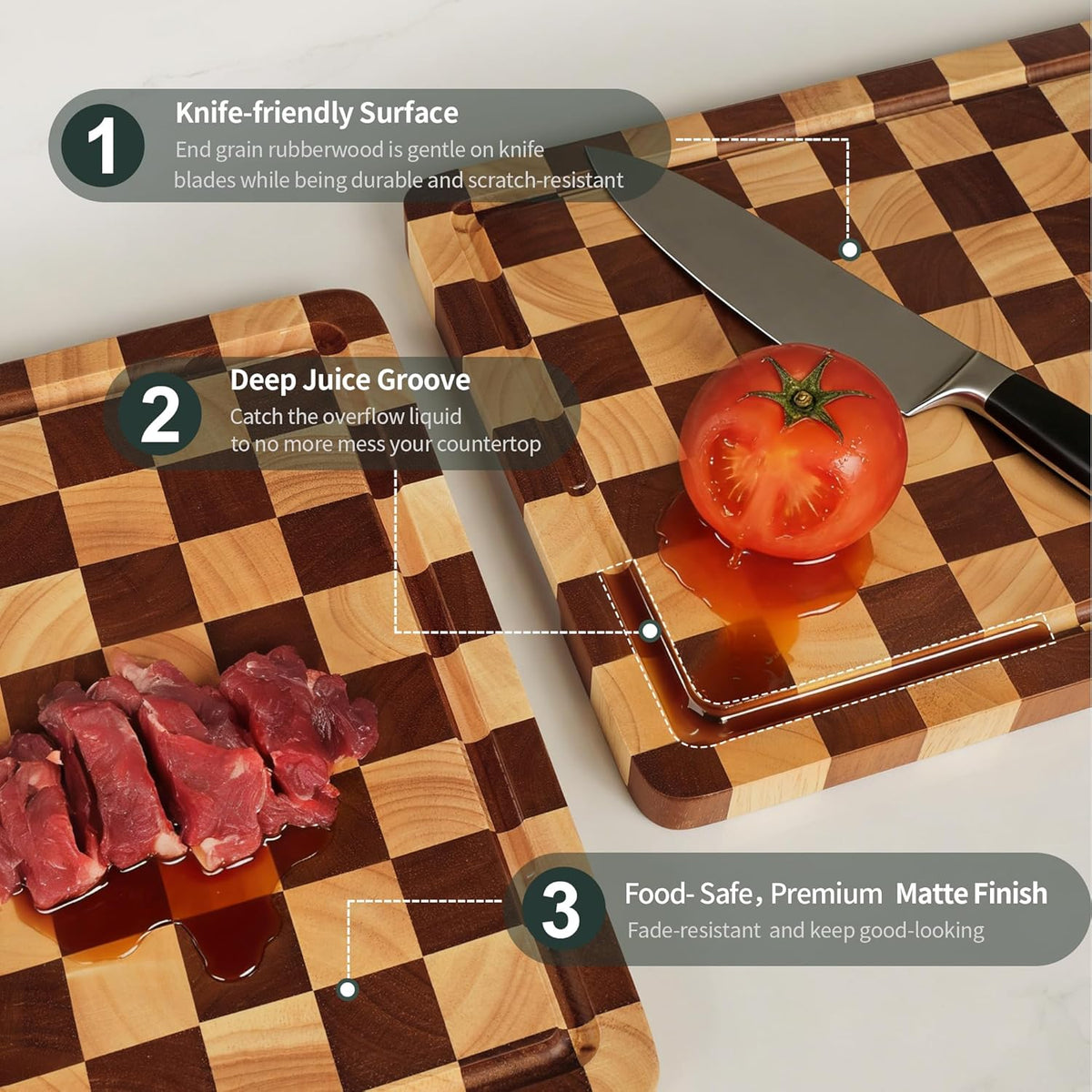Checkered Cutting Board for Kitchen– Wood Checkerboard End Grain Chopping Board 1" Thick Butcher Block with Juice Groove & Handle, Reversible for Cooking and Serving (Rectangular)