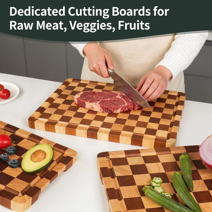 Checkered Cutting Board for Kitchen– Wood Checkerboard End Grain Chopping Board 1" Thick Butcher Block with Juice Groove & Handle, Reversible for Cooking and Serving (Rectangular)