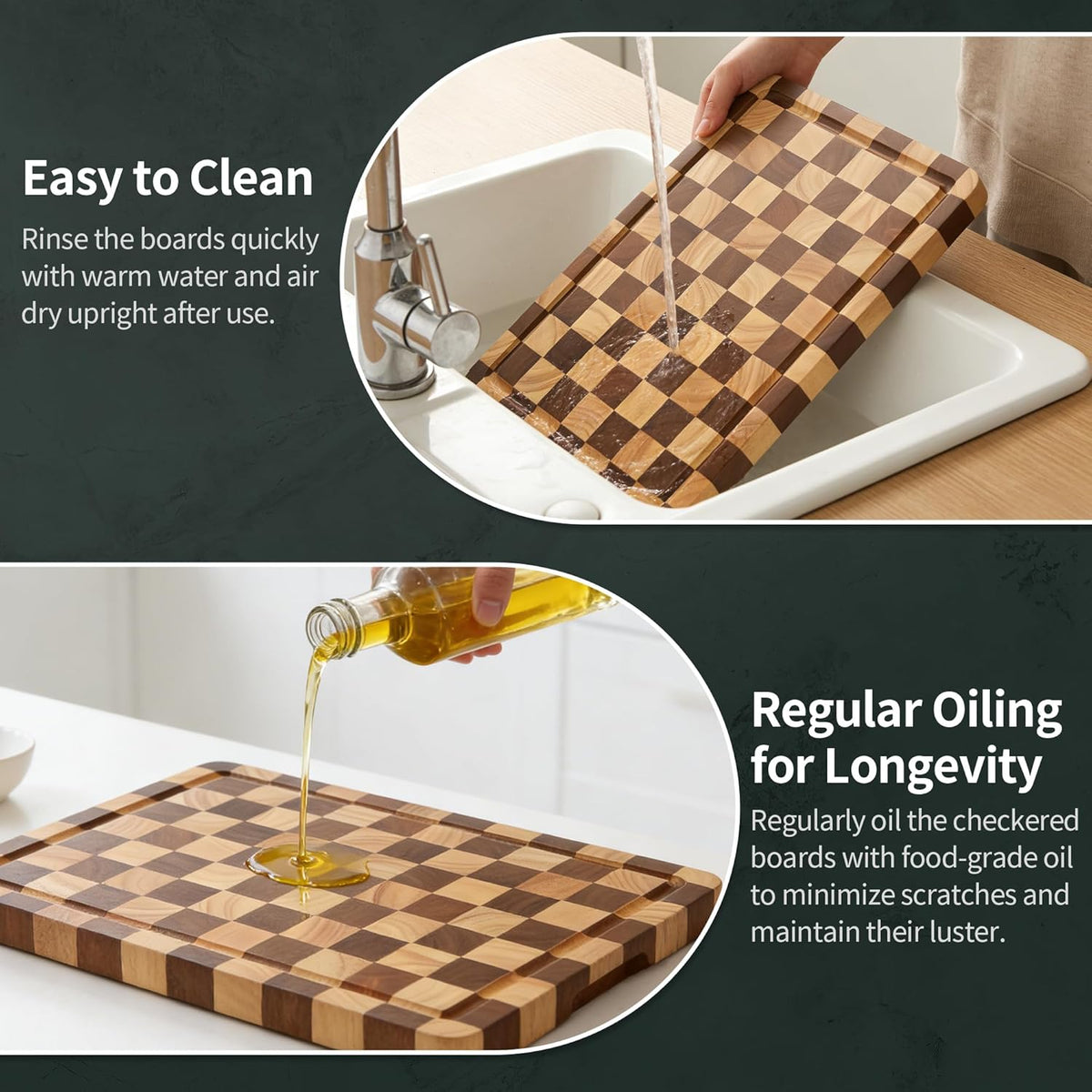 Checkered Cutting Board for Kitchen– Wood Checkerboard End Grain Chopping Board 1" Thick Butcher Block with Juice Groove & Handle, Reversible for Cooking and Serving (Rectangular)