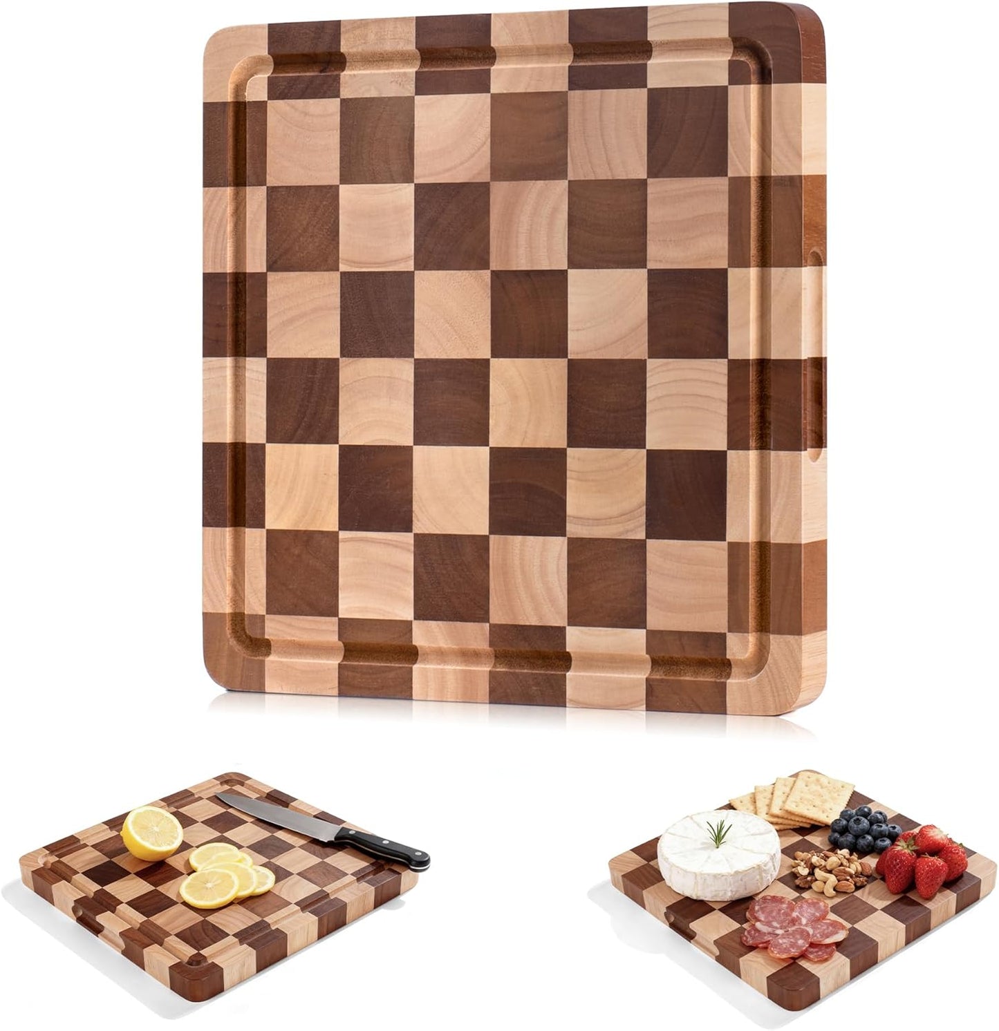 Checkered Cutting Board for Kitchen– Wood Checkerboard End Grain Chopping Board 1" Thick Butcher Block with Juice Groove & Handle, Reversible for Cooking and Serving (Rectangular)