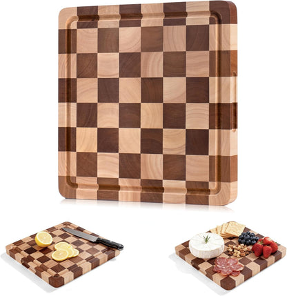 Checkered Cutting Board for Kitchen– Wood Checkerboard End Grain Chopping Board 1" Thick Butcher Block with Juice Groove & Handle, Reversible for Cooking and Serving (Rectangular)