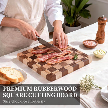 Checkered Cutting Board for Kitchen– Wood Checkerboard End Grain Chopping Board 1" Thick Butcher Block with Juice Groove & Handle, Reversible for Cooking and Serving (Rectangular)