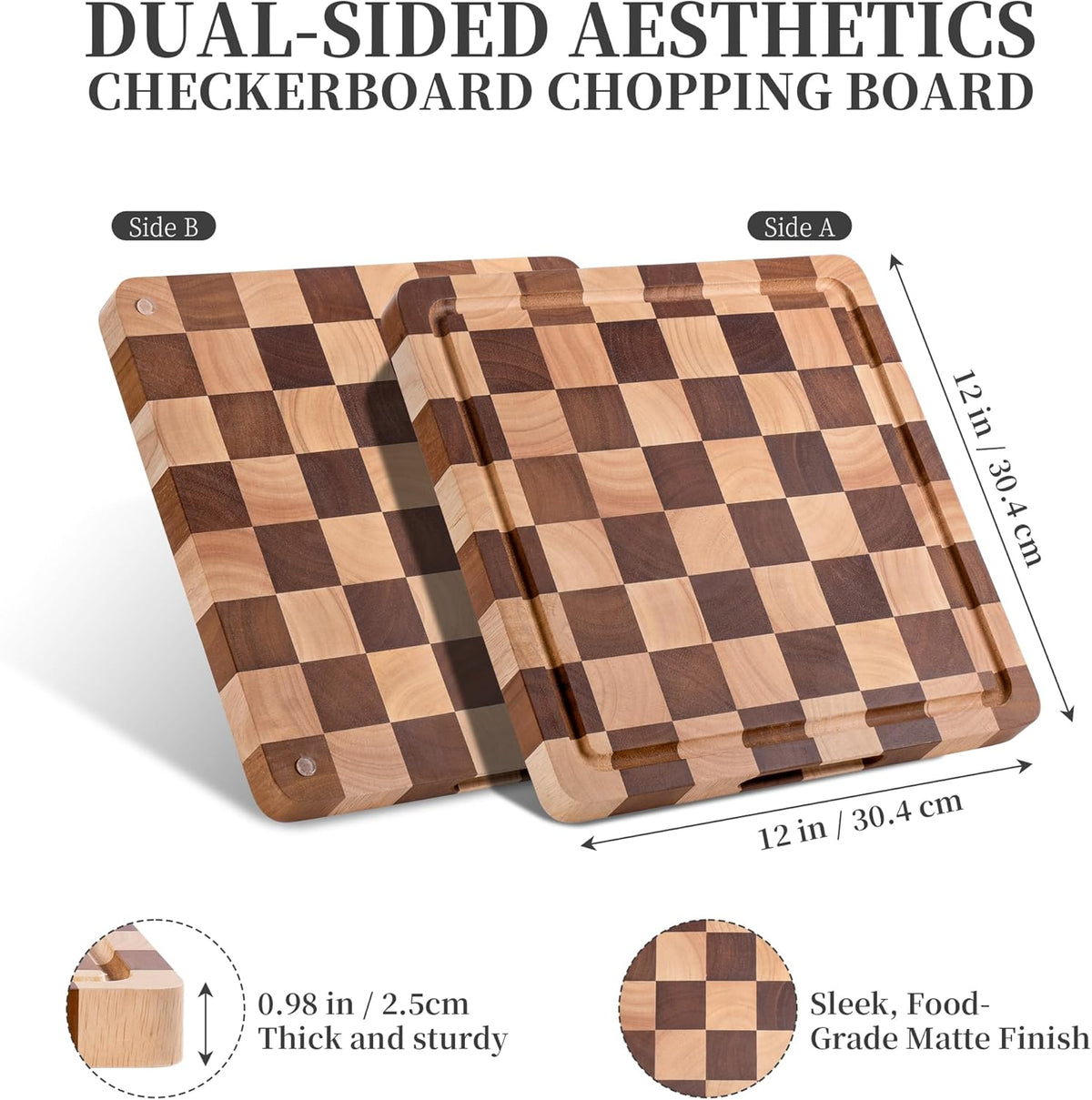 Checkered Cutting Board for Kitchen– Wood Checkerboard End Grain Chopping Board 1" Thick Butcher Block with Juice Groove & Handle, Reversible for Cooking and Serving (Rectangular)