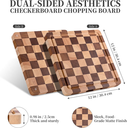 Checkered Cutting Board for Kitchen– Wood Checkerboard End Grain Chopping Board 1" Thick Butcher Block with Juice Groove & Handle, Reversible for Cooking and Serving (Rectangular)