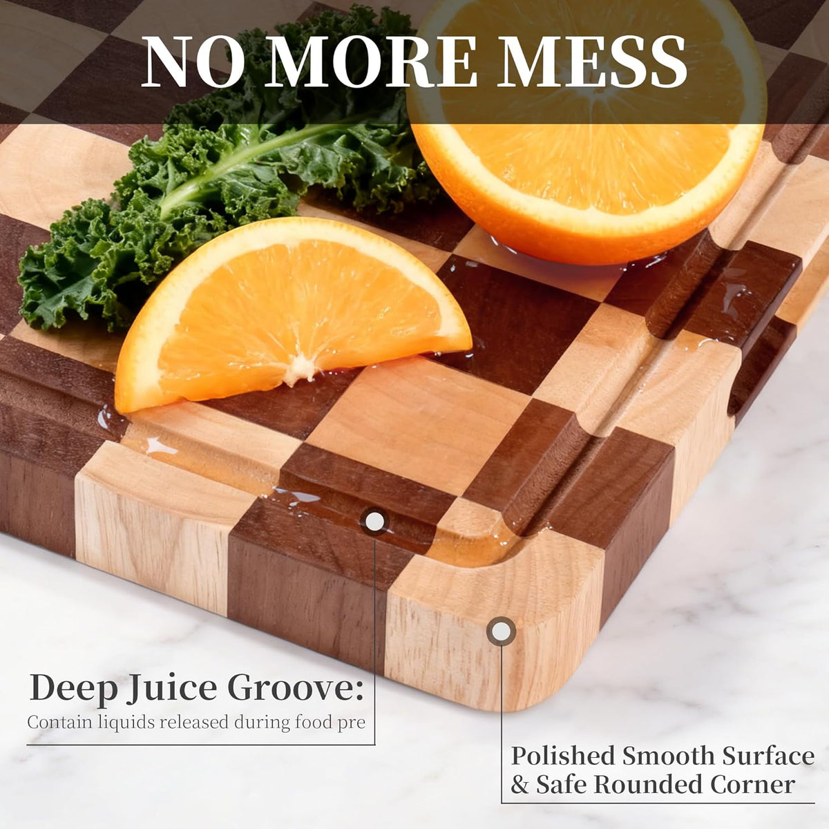 Checkered Cutting Board for Kitchen– Wood Checkerboard End Grain Chopping Board 1" Thick Butcher Block with Juice Groove & Handle, Reversible for Cooking and Serving (Rectangular)