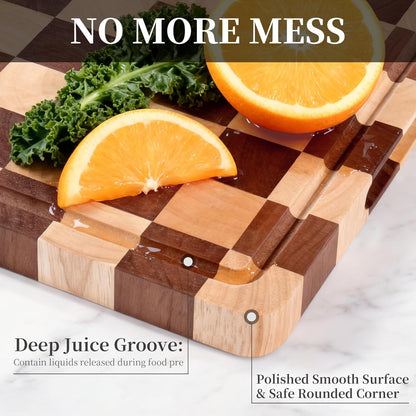 Checkered Cutting Board for Kitchen– Wood Checkerboard End Grain Chopping Board 1" Thick Butcher Block with Juice Groove & Handle, Reversible for Cooking and Serving (Rectangular)