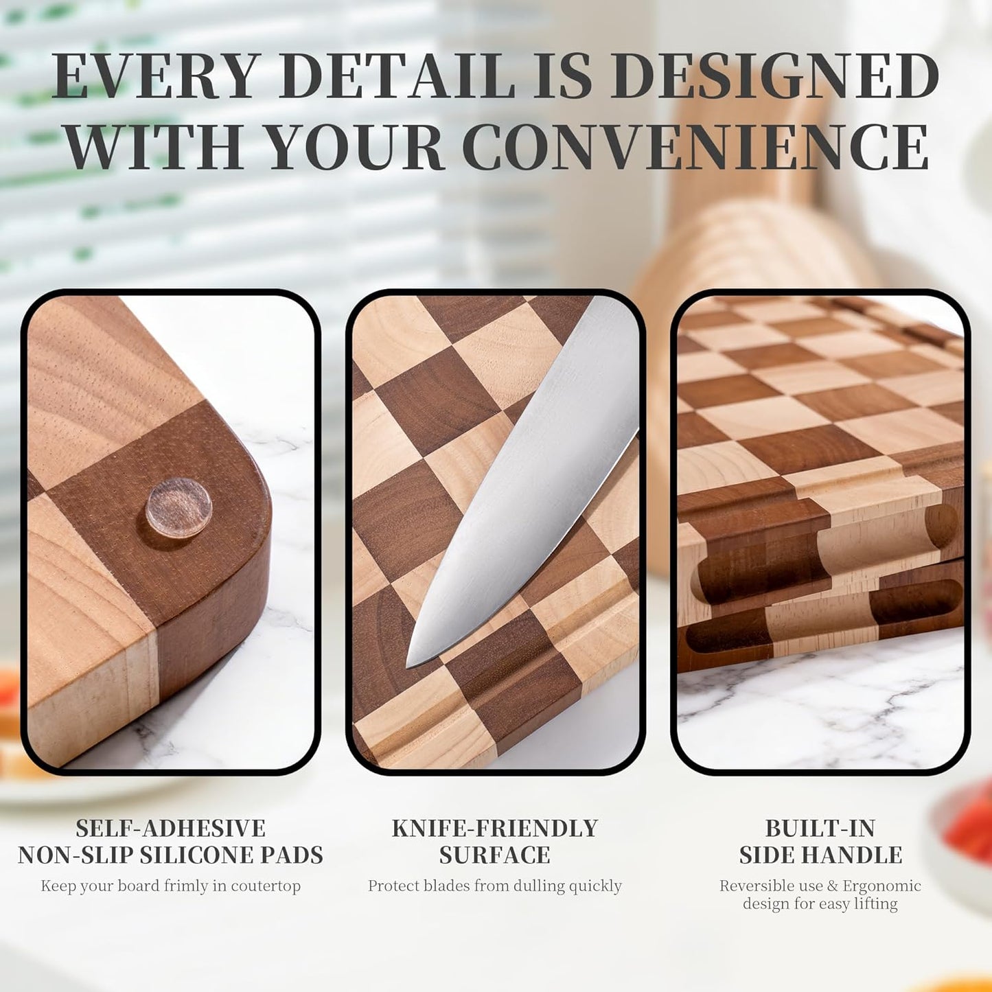 Checkered Cutting Board for Kitchen– Wood Checkerboard End Grain Chopping Board 1" Thick Butcher Block with Juice Groove & Handle, Reversible for Cooking and Serving (Rectangular)