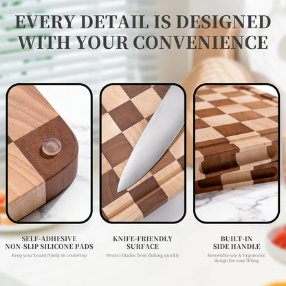 Checkered Cutting Board for Kitchen– Wood Checkerboard End Grain Chopping Board 1" Thick Butcher Block with Juice Groove & Handle, Reversible for Cooking and Serving (Rectangular)