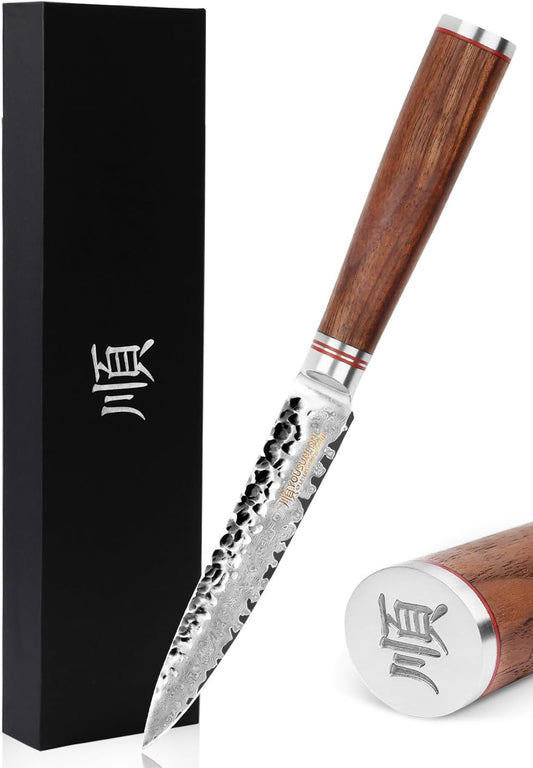 Utility Knife Kitchen 5 Inch Petty Knife - Japanese Hammered Damascus Steel - Razor Sharp Blade - Natural Walnut Wooden Handle
