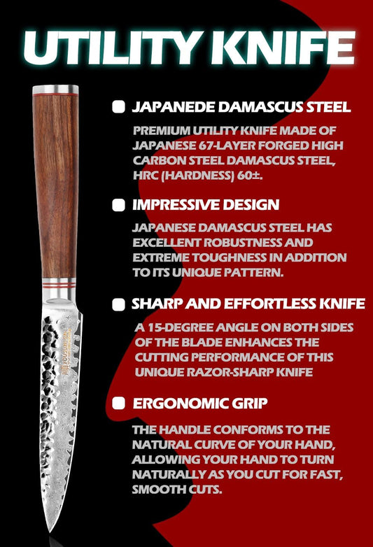 Utility Knife Kitchen 5 Inch Petty Knife - Japanese Hammered Damascus Steel - Razor Sharp Blade - Natural Walnut Wooden Handle