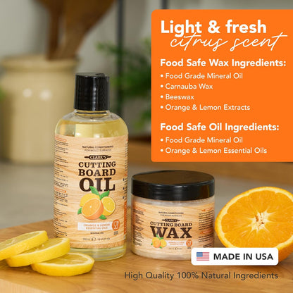Cutting Board Oil & Wax Kit, Orange Lemon Scent, Food Safe - 2 Pack | Includes Food Grade Mineral Oil (12oz), Cutting Board Wax (6oz) for Cutting Boards, Butcher Blocks & Kitchen Wooden Utensils