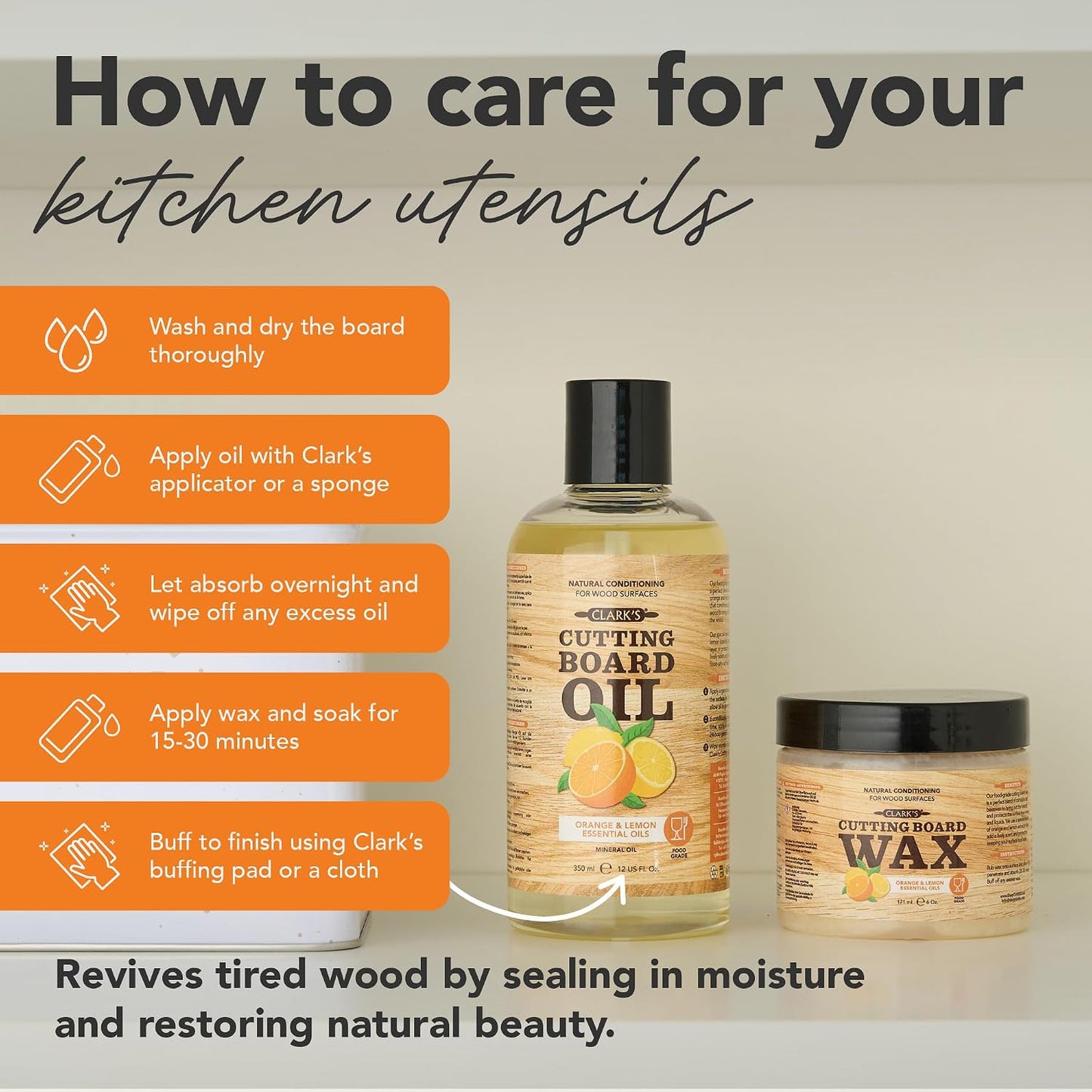 Cutting Board Oil & Wax Kit, Orange Lemon Scent, Food Safe - 2 Pack | Includes Food Grade Mineral Oil (12oz), Cutting Board Wax (6oz) for Cutting Boards, Butcher Blocks & Kitchen Wooden Utensils