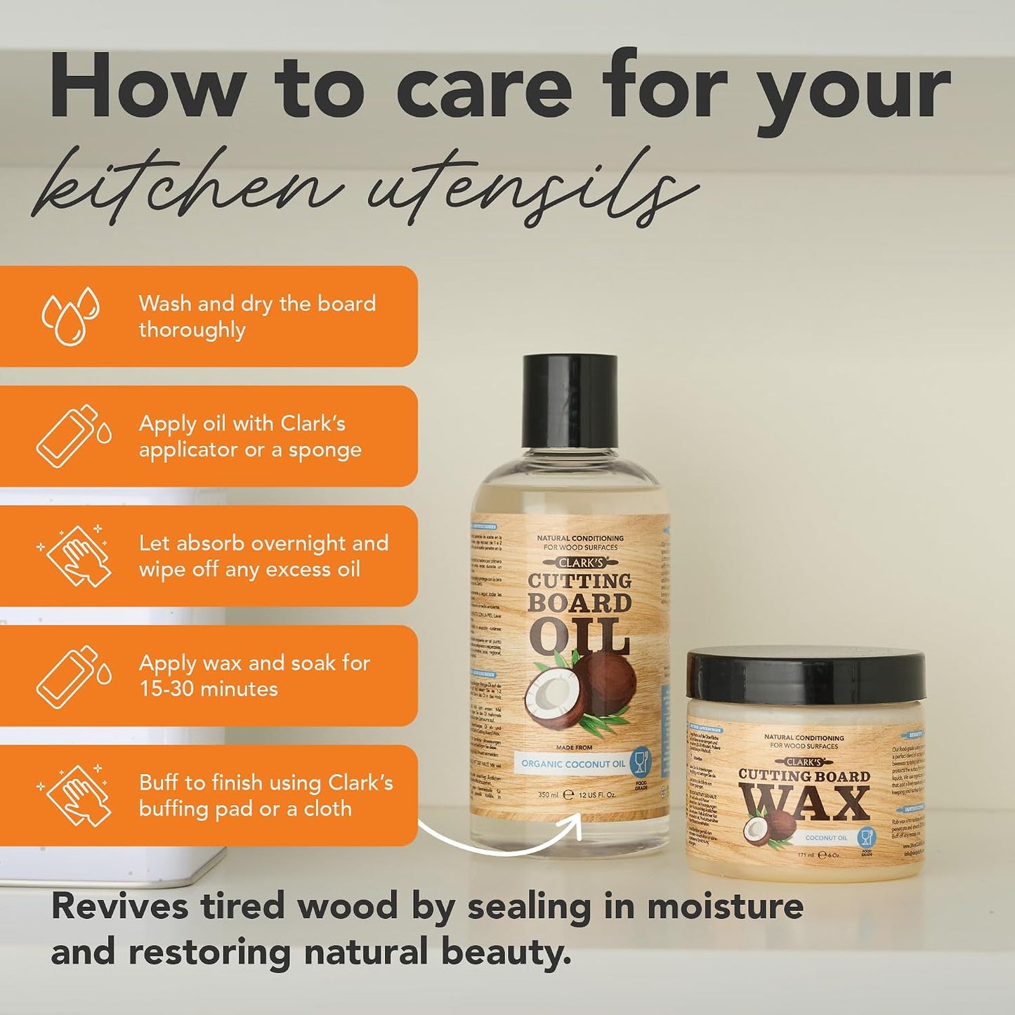 Cutting Board Oil & Wax Kit, Orange Lemon Scent, Food Safe - 2 Pack | Includes Food Grade Mineral Oil (12oz), Cutting Board Wax (6oz) for Cutting Boards, Butcher Blocks & Kitchen Wooden Utensils