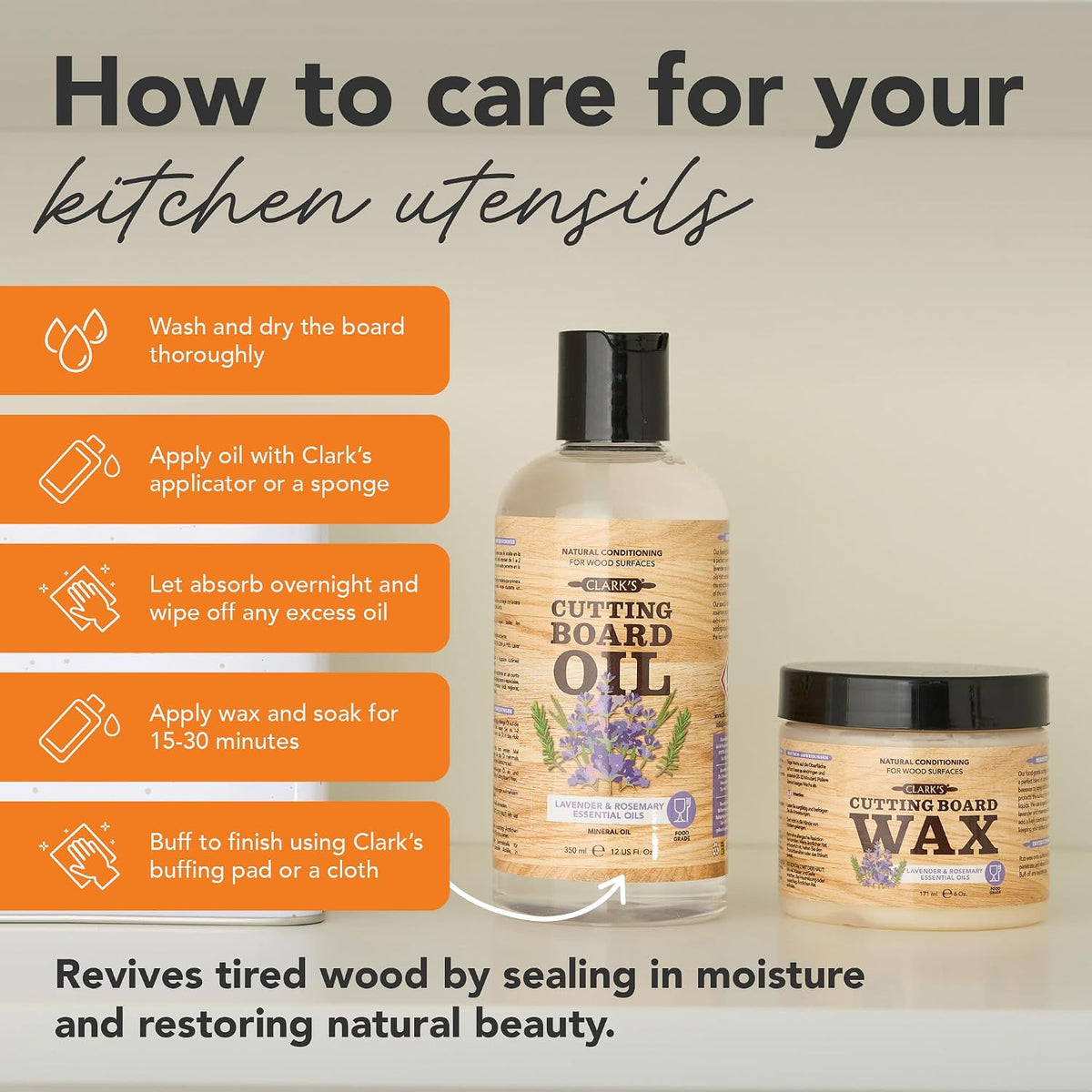 Cutting Board Oil & Wax Kit, Orange Lemon Scent, Food Safe - 2 Pack | Includes Food Grade Mineral Oil (12oz), Cutting Board Wax (6oz) for Cutting Boards, Butcher Blocks & Kitchen Wooden Utensils
