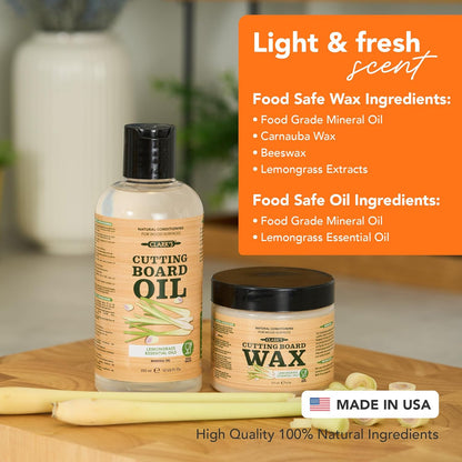Cutting Board Oil & Wax Kit, Orange Lemon Scent, Food Safe - 2 Pack | Includes Food Grade Mineral Oil (12oz), Cutting Board Wax (6oz) for Cutting Boards, Butcher Blocks & Kitchen Wooden Utensils