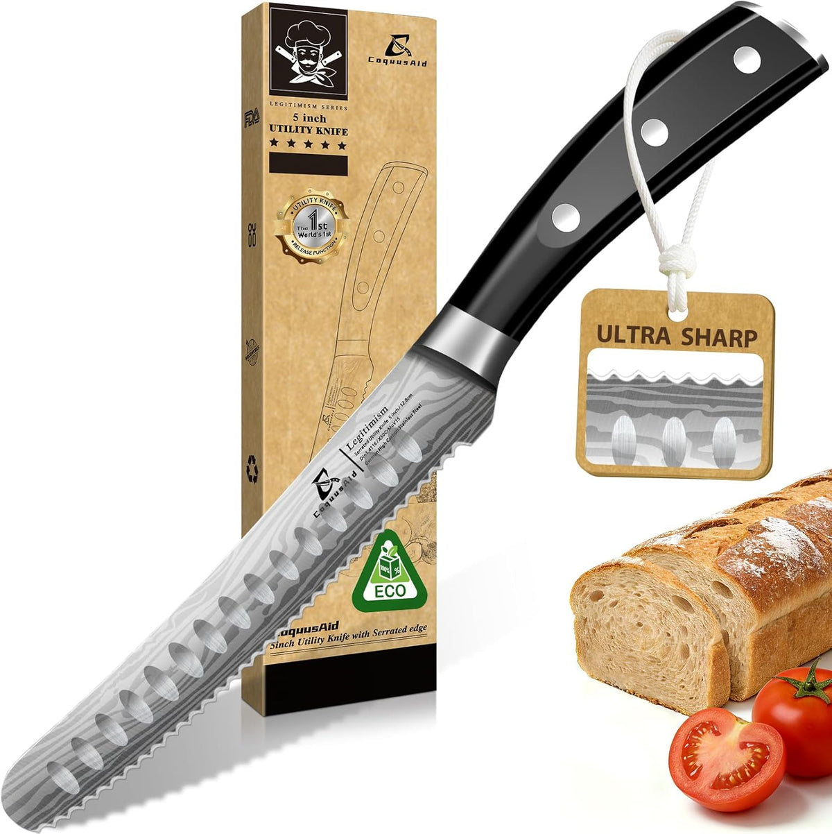 5 inch Kitchen Utility Knife, Serrated Blade Tomato Knife | Ultra Sharp Paring knives, Round Tip, Ergonomic Handle, Full Tang – Forged High Carbon German Steel, Ideal for Gift (Black)