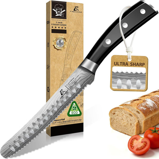 5 inch Kitchen Utility Knife, Serrated Blade Tomato Knife | Ultra Sharp Paring knives, Round Tip, Ergonomic Handle, Full Tang – Forged High Carbon German Steel, Ideal for Gift (Black)