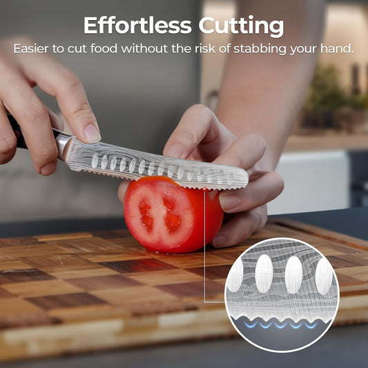 5 inch Kitchen Utility Knife, Serrated Blade Tomato Knife | Ultra Sharp Paring knives, Round Tip, Ergonomic Handle, Full Tang – Forged High Carbon German Steel, Ideal for Gift (Black)