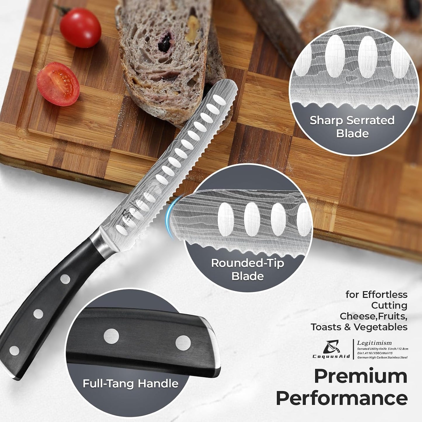 5 inch Kitchen Utility Knife, Serrated Blade Tomato Knife | Ultra Sharp Paring knives, Round Tip, Ergonomic Handle, Full Tang – Forged High Carbon German Steel, Ideal for Gift (Black)
